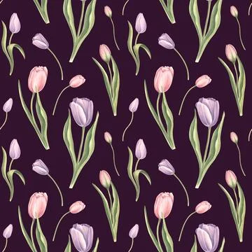 Seamless pattern from purple pink tulips with leaves on a dark background. Hand Illustrazione stock