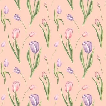 Seamless pattern from purple pink tulips with leaves on peach background. Hand Stock Illustration