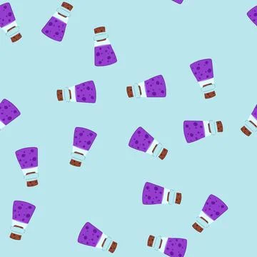 Seamless pattern purple potion bottle holding magic elixir for fantasy gaming Stock Illustration