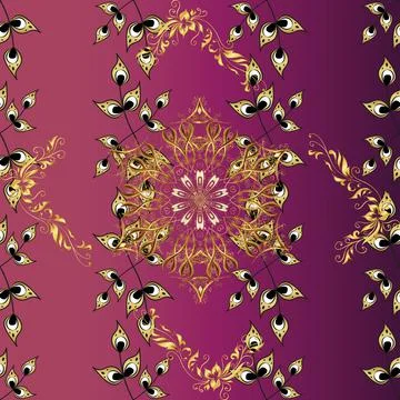 Seamless pattern on purple, red and gray colors with golden elements. Vector ori 스톡 일러스트