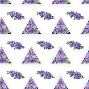 Seamless pattern of a purple rose and lily in a triangle on a white background. Stockillustratie
