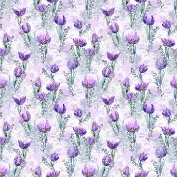 Seamless pattern with purple spring flowers, watercolor illustration Stock Illustration