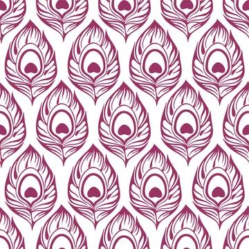Seamless pattern of purple stylized peacock feathers on a white background,.. Illustrazione stock