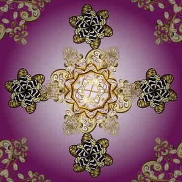 Seamless pattern on purple, violet and neutral colors with golden elements. Vect Stock Illustration