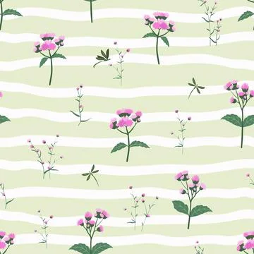 Seamless pattern with purple wildflowers on stripped background Stock Illustration