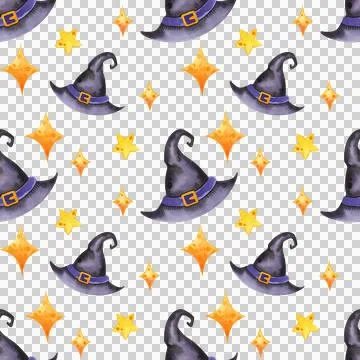 Seamless pattern with purple witch hats. Watercolor illustration for Halloween Stock Illustration