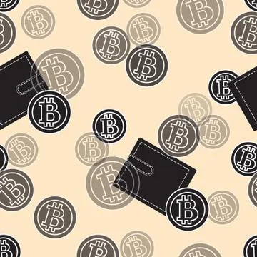 Seamless pattern with purses and bitcoins. Finance and virtual currency. Illustrazione stock