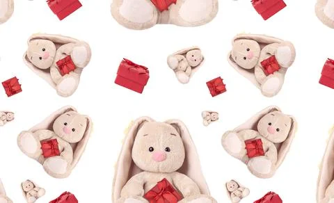 Seamless pattern with a rabbit and a red gift. Stock Photos