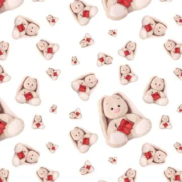 Seamless pattern with a rabbit and a red gift. Stock Photos