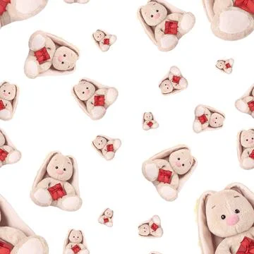 Seamless pattern with a rabbit and a red gift. Stock Photos