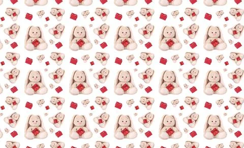 Seamless pattern with a rabbit and a red gift. 스톡 사진