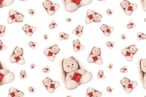 Seamless pattern with a rabbit and a red gift. Stockfoto's