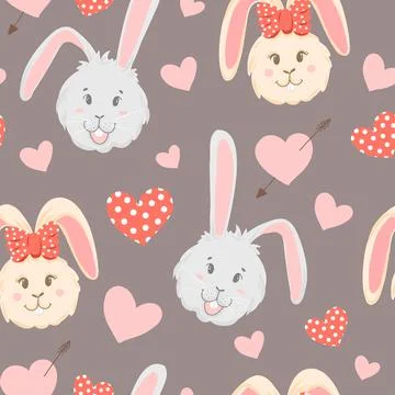 Seamless pattern with rabbit cartoons boy and girl, on pastel dark background. 스톡 일러스트