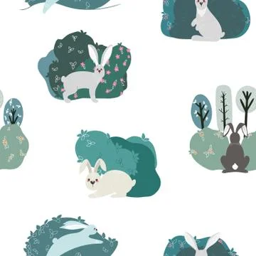 Seamless pattern with rabbit, hare and different elements. Illustrazione stock