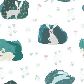 Seamless pattern with rabbit, hare and different elements. Stock Illustration