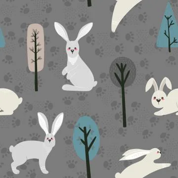 Seamless pattern with rabbit, hare and different elements. Stockillustratie