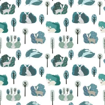 Seamless pattern with rabbit, hare and different elements. Illustration hand  Illustrazione stock