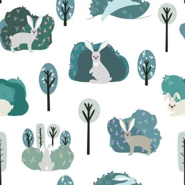 Seamless pattern with rabbit, hare and different elements. Illustration hand  Illustrazione stock