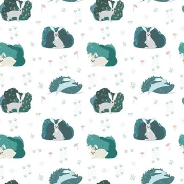 Seamless pattern with rabbit, hare and different elements. Illustration hand  스톡 일러스트
