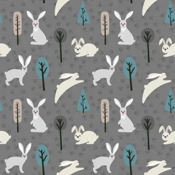 Seamless pattern with rabbit, hare and different elements. Illustration hand  Stock Illustration
