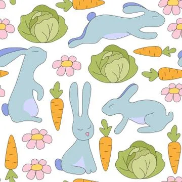 Seamless pattern rabbit jumps, sits, lies and flowers, green cabbage, orange Illustrazione stock