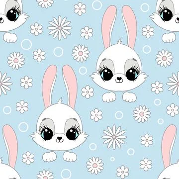 Seamless pattern with rabbit muzzle and daisies. Vector Stock Illustration