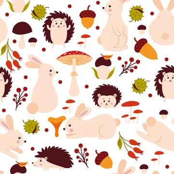 Seamless pattern with rabbits and hedgehogs Stock Illustration