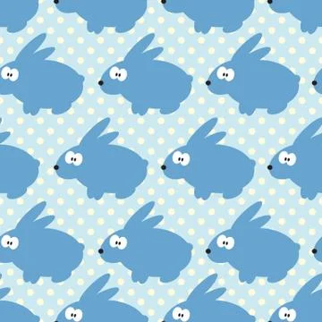 Seamless pattern with rabbits on blue dotted background Stock Illustration