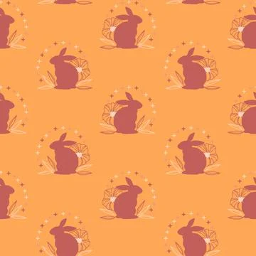 Seamless pattern with rabbits, flowers and leaves in boho style on yellow Stock Illustration