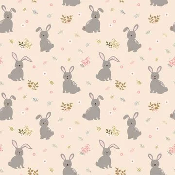 Seamless pattern with rabbits the gang on cute floral background.Perfect for  Stock Illustration