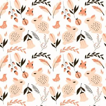 Seamless pattern with rabbits, lady bugs, birds and flowers, vector illustrat Ilustración de archivo