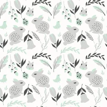 Seamless pattern with rabbits, lady bugs, birds and flowers, vector illustrat Stock Illustration