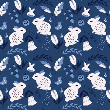 Seamless pattern with rabbits, lady bugs, birds and flowers, vector illustrat Stock Illustration