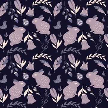 Seamless pattern with rabbits, lady bugs, birds and flowers, vector illustrat Stock Illustration