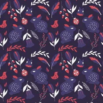 Seamless pattern with rabbits, lady bugs, birds and flowers, vector illustrat Stock Illustration