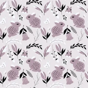 Seamless pattern with rabbits, lady bugs, birds and flowers, vector illustrat Stock Illustration