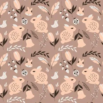 Seamless pattern with rabbits, lady bugs, birds and flowers, vector illustrat Stock Illustration