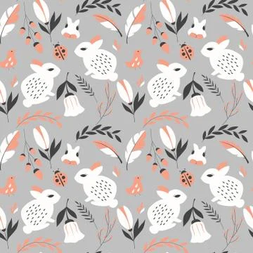 Seamless pattern with rabbits, lady bugs, birds and flowers, vector illustrat Ilustración de archivo