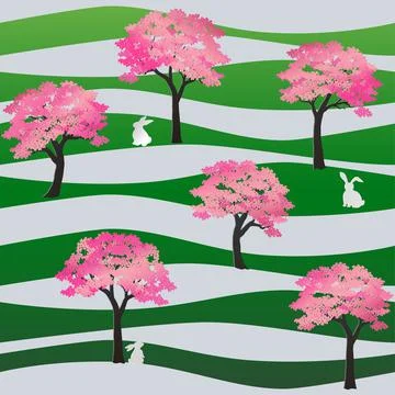 Seamless pattern with rabbits in the sakura park for happy easter,fashion,fab Stock Illustration