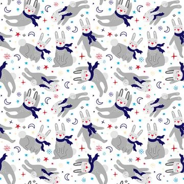 Seamless pattern with rabbits in scarves Stock Illustration