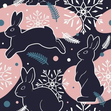 Seamless pattern of rabbits, snowflakes, and fir branches. Winter vector mode Stock Illustration