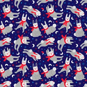 Seamless pattern with rabbits in the starry sky Stock Illustration