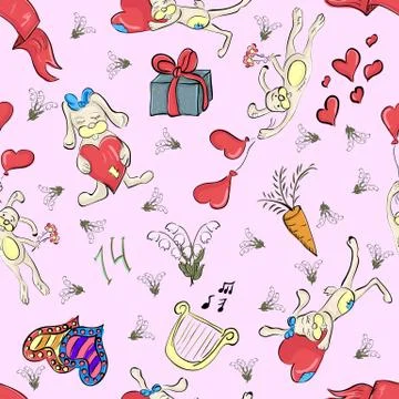 Seamless pattern with rabbits on Valentine's day pink background Stock Illustration