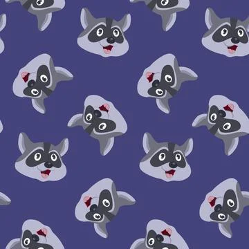 Seamless pattern raccoon muzzle purple background, tiles for textile decorati Stock Illustration
