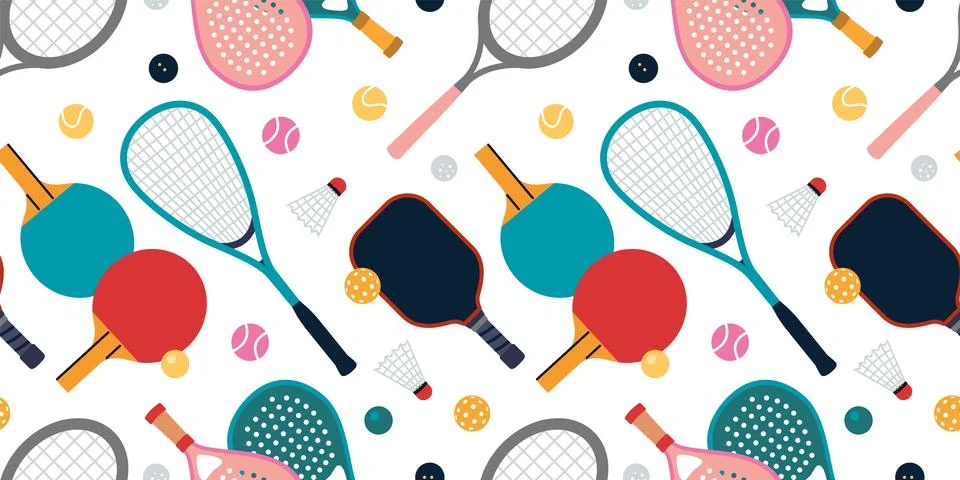 Seamless pattern with rackets, paddles and balls for various sports. Dynami.. Stock Illustration