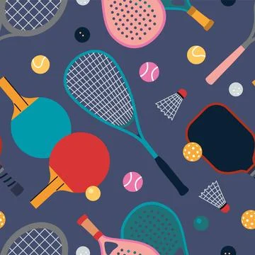 Seamless pattern with rackets, paddles and balls for various sports. Dynami.. Stock Illustration