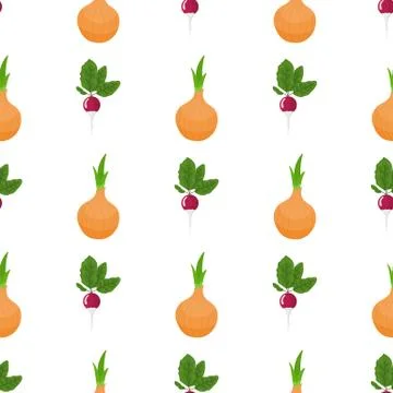 Seamless pattern with radish and onion vegetables. Organic food. Vector. 스톡 일러스트