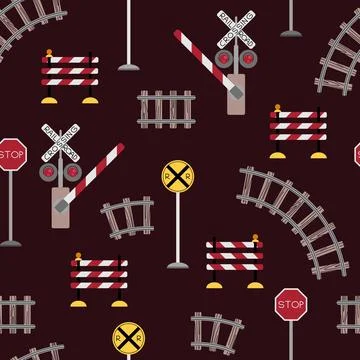 Seamless pattern with railway signs, rails and barrier in flat style. Childis Stock Illustration