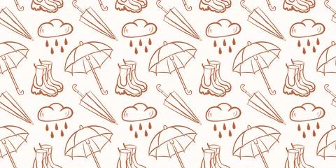 Seamless pattern with rain autumn theme, umbrella, cloud and rubber boot in line Stock Illustration