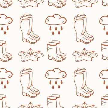 Seamless pattern with rain cloud, rubber boot and paper boat. Autumn weather Stock Illustration